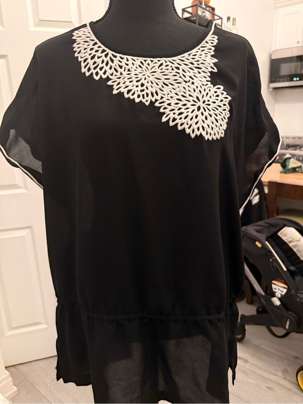 Coldwater Creek Black Blouse with White Crochet Neck Detail